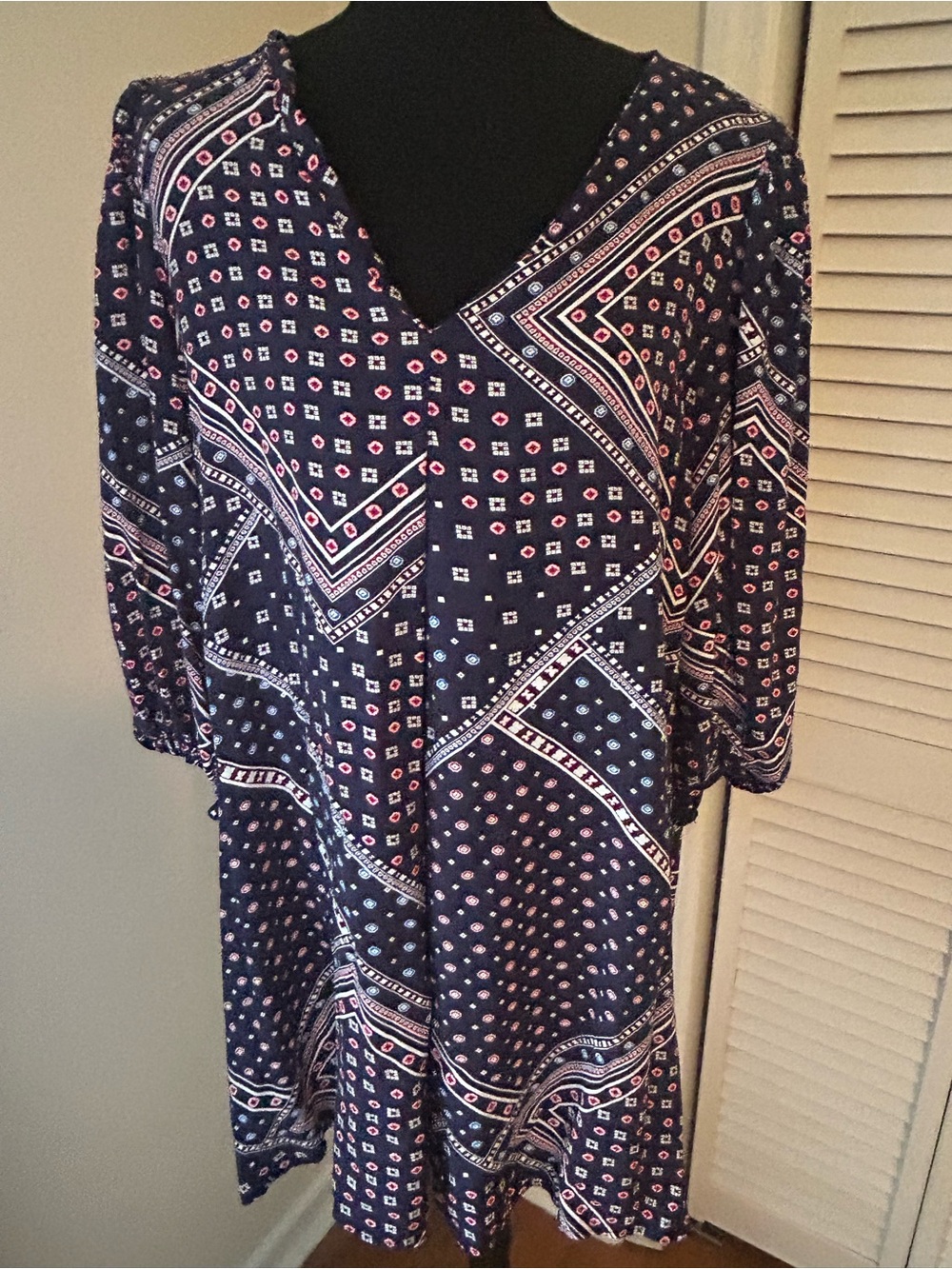 LOFT Navy Printed V-Neck Dress with Blue & White Motifs